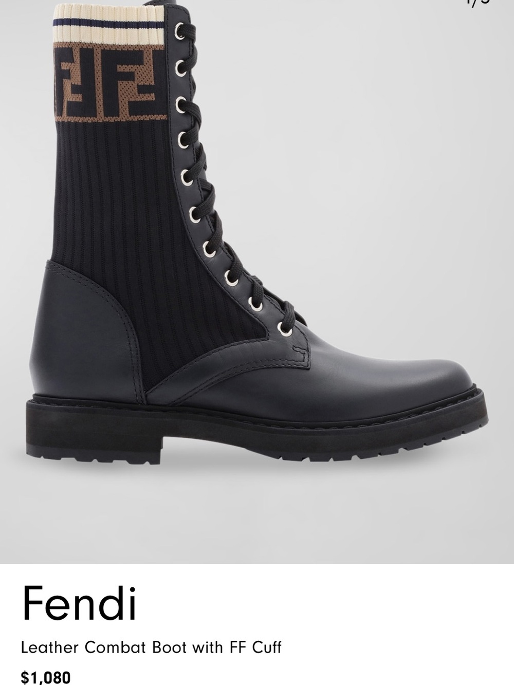 Fendi Black Leather Lace-Up Sock Combat Boots with Brown FF Trim
